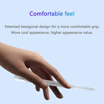 Magnetic Universal Bluetooth Stylus Pen for iPads and Android Tablets showing hexagonal aluminum body and POM nib held for comfortable grip