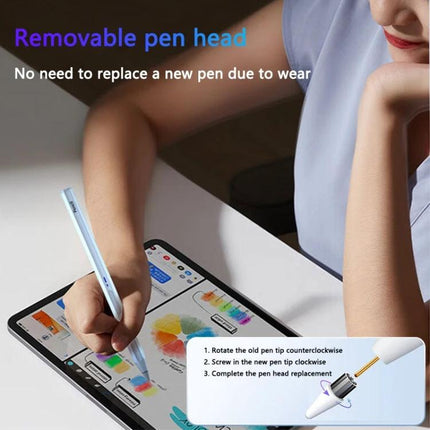 Magnetic Universal Bluetooth Stylus Pen for iPads and Android Tablets - person sketching on tablet with removable pen head and replacement instructions