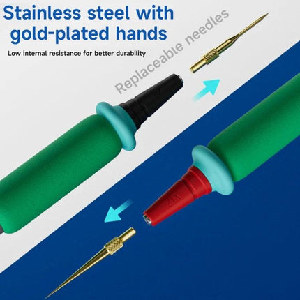 Xinzhizao Universal Multimeter Pen for Electrical Testing showing replaceable gold‑plated stainless steel probe tips and insulated green grips