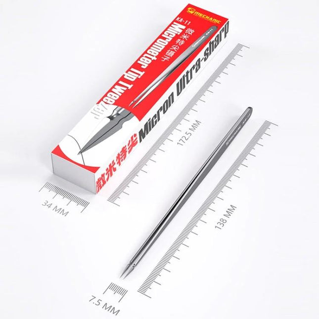 Mechanic Non-Magnetic Pointed Tweezers for Precision Handling - stainless pointed tweezers with packaging and measurement scales