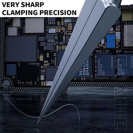 Mechanic Non-Magnetic Pointed Tweezers for Precision Handling picking a tiny wire over a smartphone circuit board with sharp clamping precision