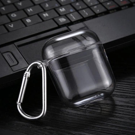 A Protective Case for AirPods That Secures During Daily Activities - clear PC material case with carabiner protecting AirPods from scratches and drops