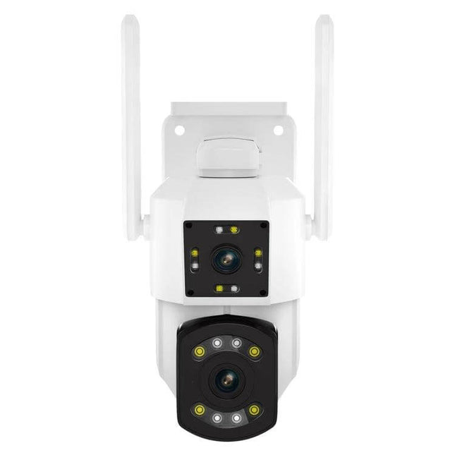 ESCAM PT210 Dual Lens WiFi Camera for Home Security - white dual-lens outdoor WiFi security camera showing two lenses and antennas