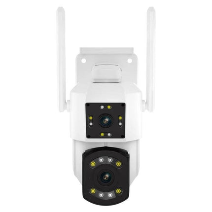 ESCAM PT210 Dual Lens WiFi Camera for Home Security showing white dual-lens outdoor/indoor camera with antennas and night LEDs