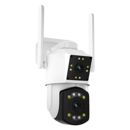 ESCAM PT210 Dual Lens WiFi Camera for Home Security white dual-lens outdoor WiFi camera showing top and bottom lenses with antennas