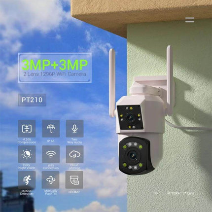 ESCAM PT210 Dual Lens WiFi Camera for Home Security mounted outdoors showing dual lenses, night vision and WiFi connectivity
