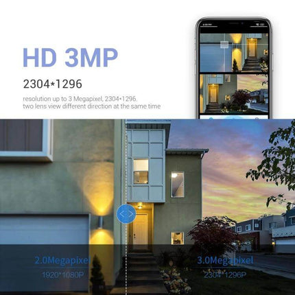 ESCAM PT210 Dual Lens WiFi Camera for Home Security showing 3MP HD night and day exterior home monitoring with mobile live view