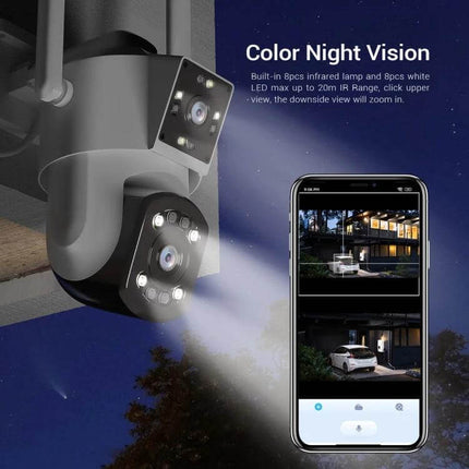 ESCAM PT210 Dual Lens WiFi Camera for Home Security showing dual-lens night vision and mobile app live feed