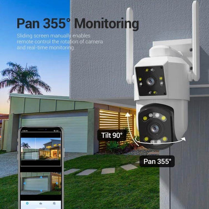 ESCAM PT210 Dual Lens WiFi Camera for Home Security mounted outdoors showing 355° pan and 90° tilt with mobile live view