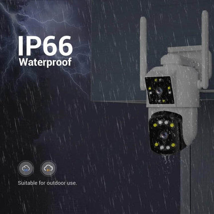 ESCAM PT210 Dual Lens WiFi Camera for Home Security mounted outdoors in heavy rain showing IP66 waterproof rating and night LEDs