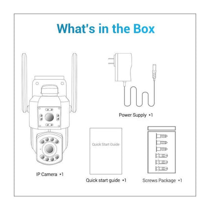 ESCAM PT210 Dual Lens WiFi Camera for Home Security - what's in the box: IP camera, power supply, quick start guide, screws package