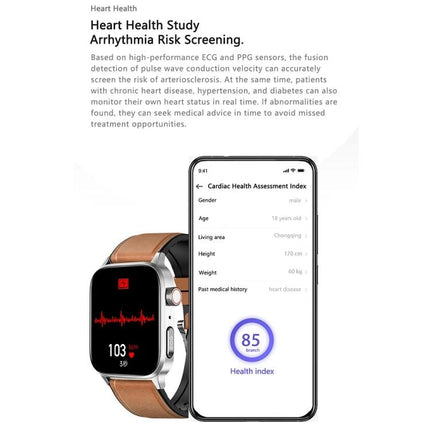 Daily Health Monitoring Smart Watch for Everyday Use showing heart rate ECG on watch face and health index on smartphone screen