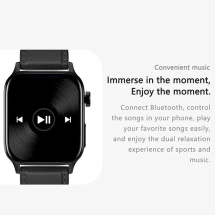 Daily Health Monitoring Smart Watch for Everyday Use showing music player screen and leather strap