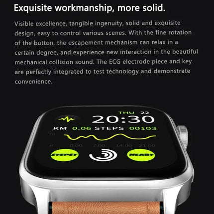 Daily Health Monitoring Smart Watch for Everyday Use showing heart rate, steps and sleek metal case with leather strap