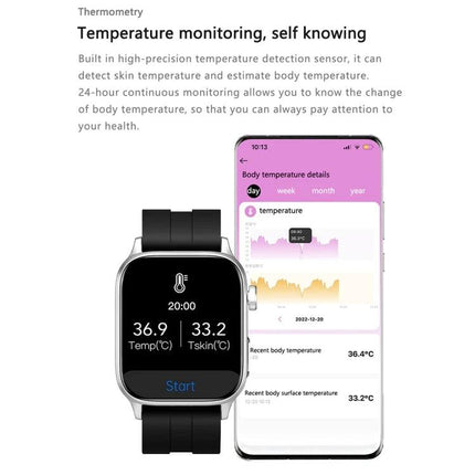 Daily Health Monitoring Smart Watch for Everyday Use showing temperature monitoring on watch face and companion app