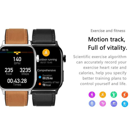 Daily Health Monitoring Smart Watch for Everyday Use showing heart rate, steps, calories and exercise tracking on leather and black bands