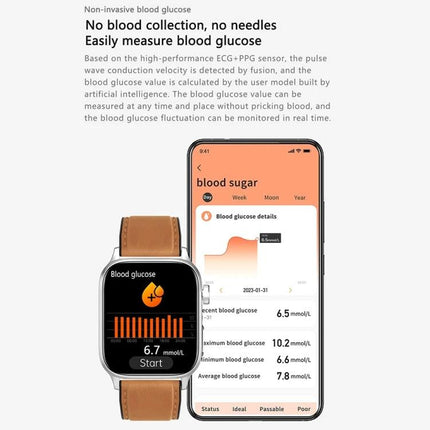 Daily Health Monitoring Smart Watch for Everyday Use showing blood glucose tracking on watch face and companion app