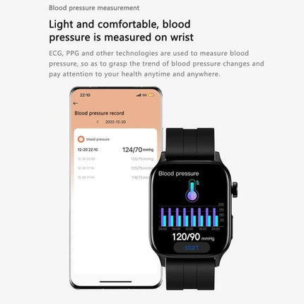 Daily Health Monitoring Smart Watch for Everyday Use showing blood pressure readings 120/90 on wristwatch and app screen