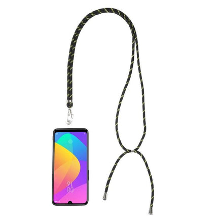 Hands-Free Universal Mixed Color Mobile Phone Lanyard showing black and yellow braided cord attached to smartphone for secure hands-free use