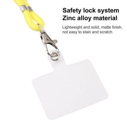 Hands-Free Universal Mixed Color Mobile Phone Lanyard showing yellow strap, zinc alloy safety lock clip and blank ID card attachment