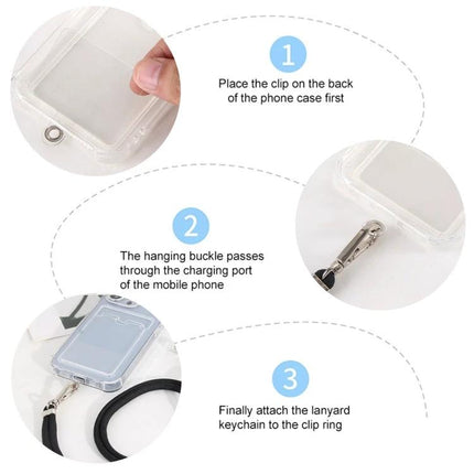 Hands-Free Universal Mixed Color Mobile Phone Lanyard shown attached to clear case with clip, hanging buckle through charging port, and lanyard keychain
