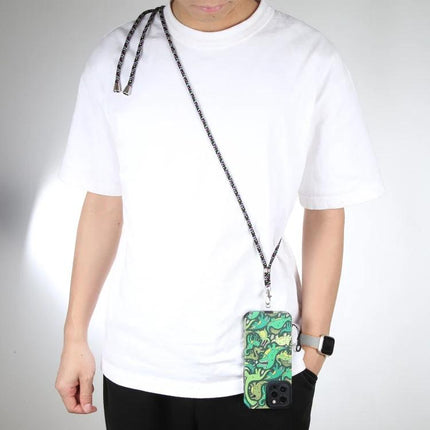 Hands-Free Universal Mixed Color Mobile Phone Lanyard shown worn crossbody with green patterned phone case, hands-free secure everyday use