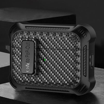 Alpha Case Safeguards Earphones for Daily Outings - compact carbon-fiber textured protective earphone cover with clip and quick-access charging port