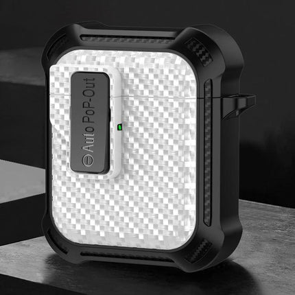 Alpha Case Safeguards Earphones for Daily Outings - compact protective white textured cover with Auto Pop-Out lid for easy access and charging