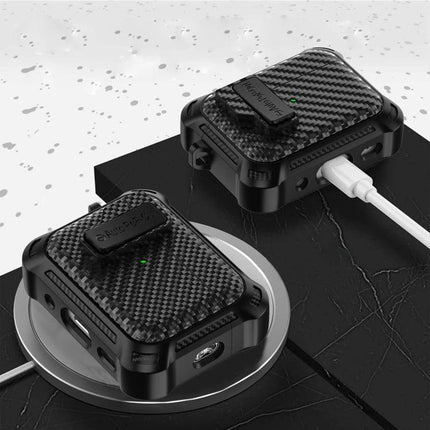 Alpha Case Safeguards Earphones for Daily Outings - carbon fiber protective earphone case showing quick-access cover and charging ports