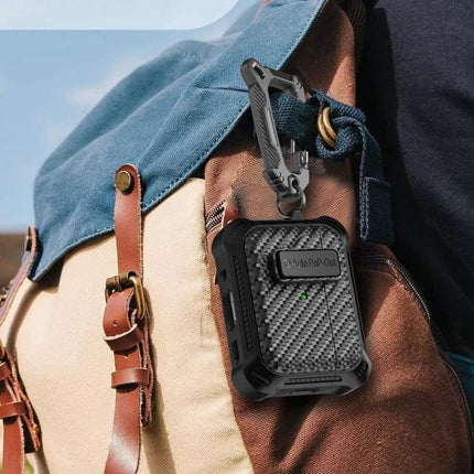 Alpha Case Safeguards Earphones for Daily Outings - rugged carbon-fiber protective earphone case clipped to backpack for commuting and workouts