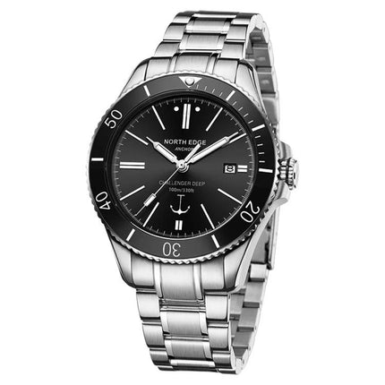 North Edge Anchor Men's 100m Waterproof Outdoor Watch stainless steel automatic dive watch with black dial and bracelet