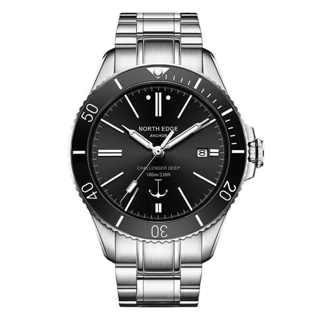 North Edge Anchor Men's 100m Waterproof Outdoor Watch stainless steel black dial, date window, luminous hands for hiking and swimming