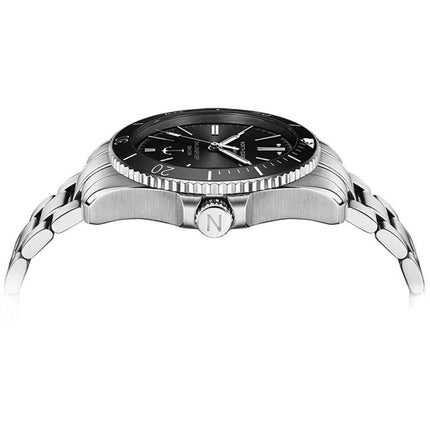 North Edge Anchor Men's 100m Waterproof Outdoor Watch stainless steel side profile showing black dial, rotating bezel and bracelet, low-light legibility