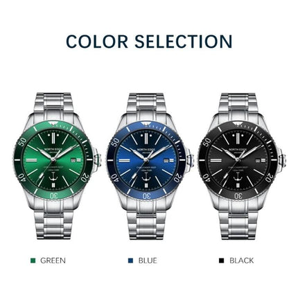 North Edge Anchor Men's 100m Waterproof Outdoor Watch showing green, blue, and black dial color options on stainless steel bracelets