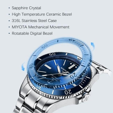 North Edge Anchor Men's 100m Waterproof Outdoor Watch displaying blue dial, sapphire crystal, ceramic rotatable bezel and 316L stainless steel case