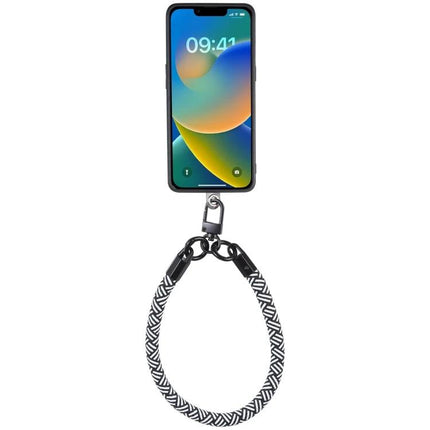Universal Phone Lanyard for Hands-Free Wear as Bracelet Option — black patterned wrist strap attached to smartphone for secure hands-free use