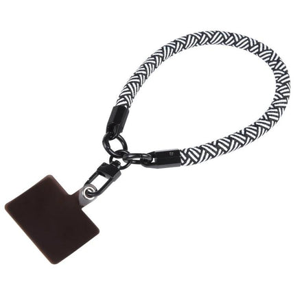 Universal Phone Lanyard for Hands-Free Wear as Bracelet Option showing black-and-white braided bracelet-style cord with phone attachment
