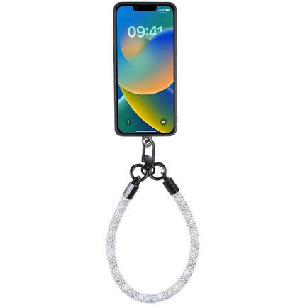 Universal Phone Lanyard for Hands-Free Wear as Bracelet Option - silver beaded bracelet-style phone lanyard attached to smartphone