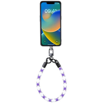 Universal Phone Lanyard for Hands-Free Wear as Bracelet Option - purple checkered rope lanyard attached to smartphone for neck or wrist use