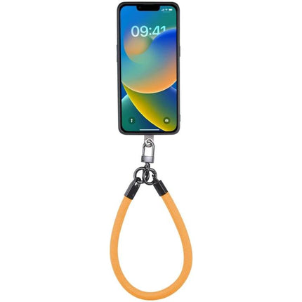 Universal Phone Lanyard for Hands-Free Wear as Bracelet Option - orange wrist strap attached to smartphone for secure hands-free use