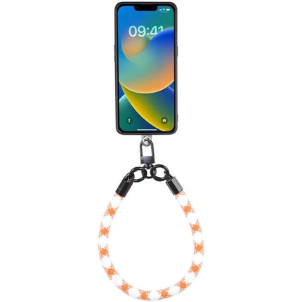 Universal Phone Lanyard for Hands-Free Wear as Bracelet Option showing phone attached to braided orange-and-white bracelet lanyard