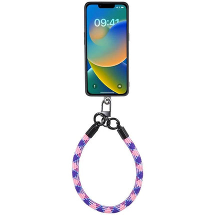 Universal Phone Lanyard for Hands-Free Wear as Bracelet Option showing phone attached to braided pink and blue bracelet-style lanyard