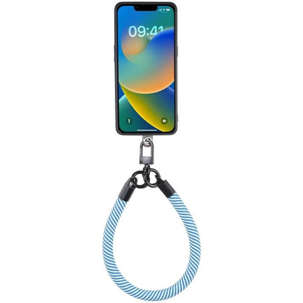 Universal Phone Lanyard for Hands-Free Wear as Bracelet Option showing phone attached and striped bracelet loop for hands-free use