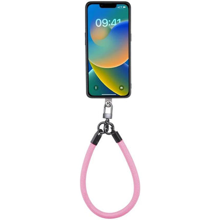 Universal Phone Lanyard for Hands-Free Wear as Bracelet Option — pink wrist strap attached to phone for hiking, commuting, everyday use