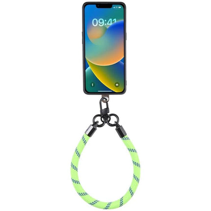 Universal Phone Lanyard for Hands-Free Wear as Bracelet Option showing neon green braided bracelet-style phone strap attached to smartphone