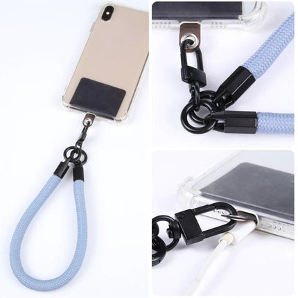Universal Phone Lanyard for Hands-Free Wear as Bracelet Option showing blue wrist loop attached to clear phone case