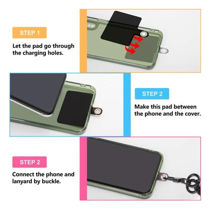 Universal Phone Lanyard for Hands-Free Wear as Bracelet Option - step-by-step install showing pad placed under case and buckle connected to phone