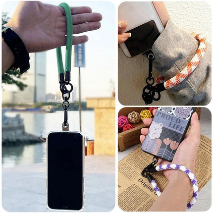 Universal Phone Lanyard for Hands-Free Wear as Bracelet Option shown attached to phone and worn as bracelet and neck strap