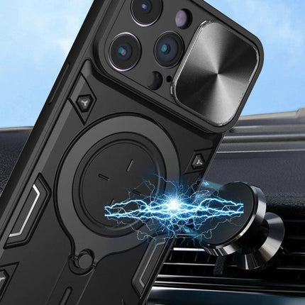 Essential Phone Case for iPhone Everyday Protection shown slim black TPU+PC case on car magnetic mount, protecting camera and back