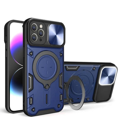 Essential Phone Case, Slim Daily Protection with blue TPU PC armor, sliding camera lens cover and built-in metal ring stand